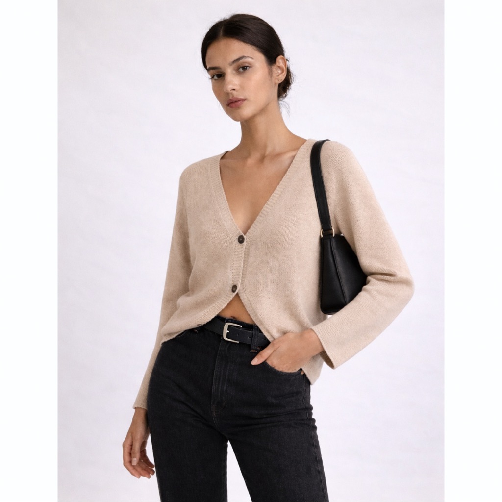 Scaglione Beige V Neck Button Knit Cardigan Sweater - Made In Italy - S